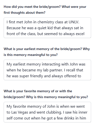 Form to fill out your stories to transform into meaningful wedding speeches and toasts